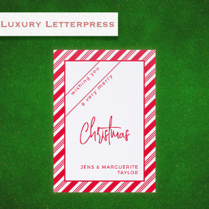 Modern Red White Candy Cane Stripe Christmas  Letterpress Photo Cards