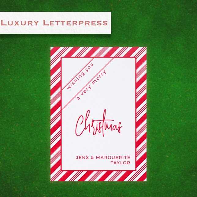 Modern Red White Candy Cane Stripe Christmas  Letterpress Photo Cards (Red candy cane striped border modern Merry Christmas letterpress card.)