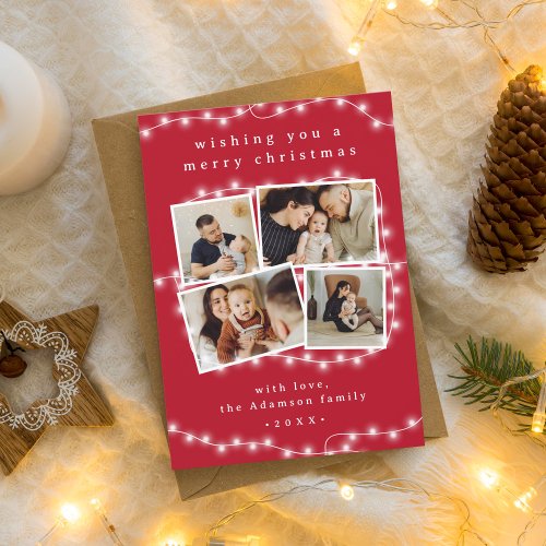 Modern Red White Christmas Lights 4 Photo Collage Holiday Card