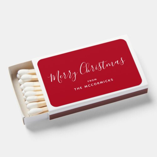 Modern Red White Christmas Script Name Party Matchboxes