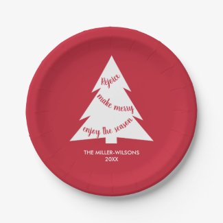 Modern Red White Christmas Tree Name Holiday Party Paper Plate