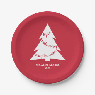 Modern Red White Christmas Tree Name Holiday Party Paper Plates