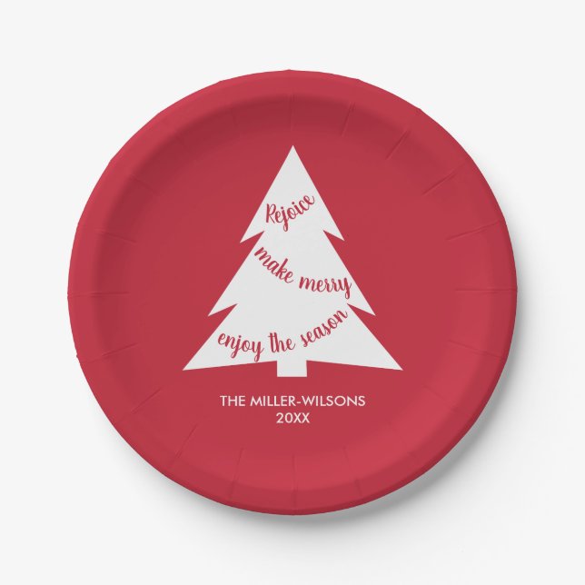Modern Red White Christmas Tree Name Holiday Party Paper Plates (Front)