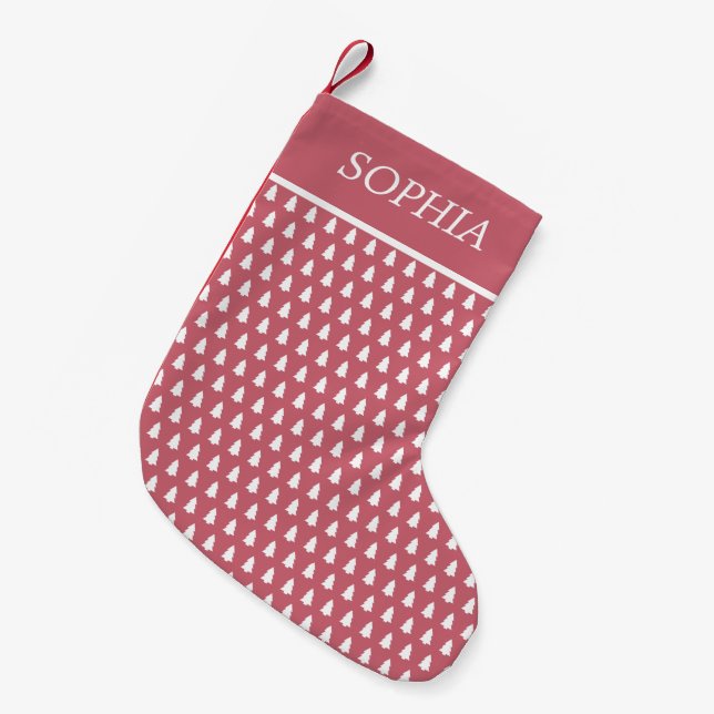 Modern Red White Christmas Tree Pattern Name Small Christmas Stocking (Front (Hanging))