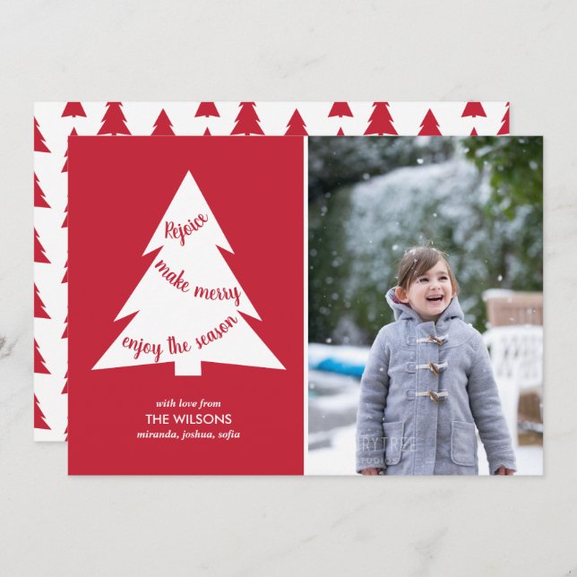 Modern Red White Christmas Tree with Custom Photo Holiday Card (Front/Back)