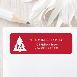 Modern Red White Christmas Tree with Monogram Label