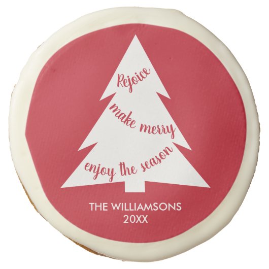 Modern Red White Christmas Tree Your Name Holiday Sugar Cookie (Front)