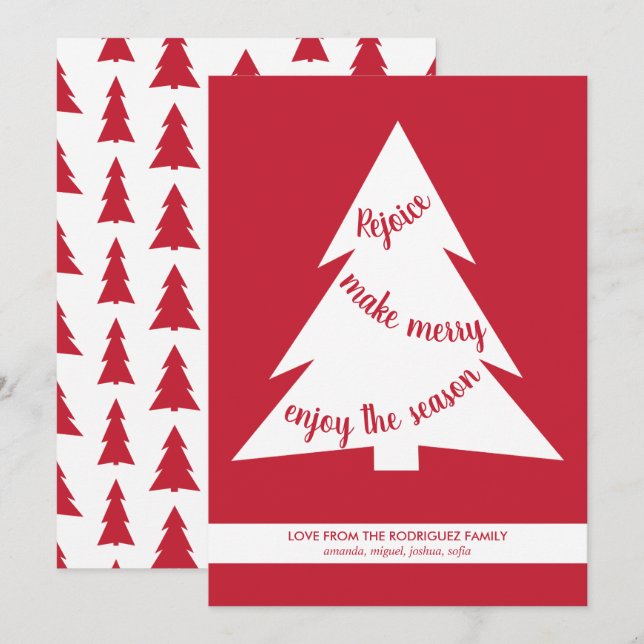 Modern Red White Christmas Trees Holiday Script Card (Front/Back)