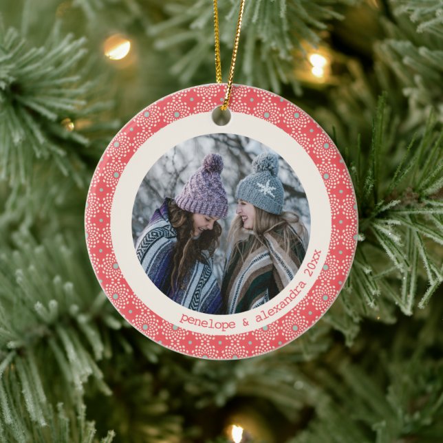 Modern Red White Circle Photo Personalized Ceramic Ornament (Tree)