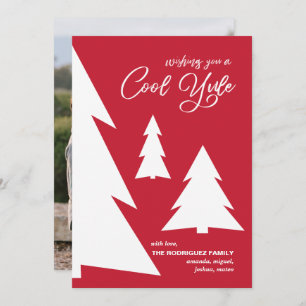 Modern Red White Cool Yule Script Trees Photo Holiday Card