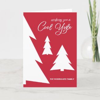 Modern Red White Cool Yule Script Trees Your Photo Holiday Card