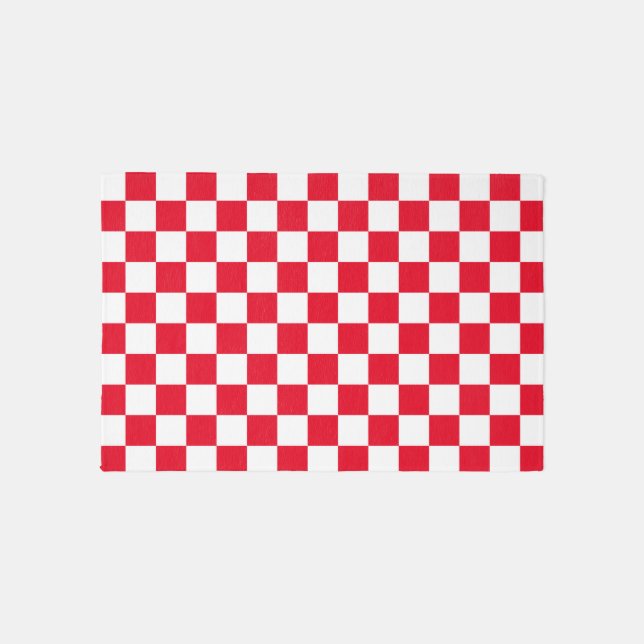 Modern Red White Croatian Checkerboard Pattern Rug (Front)