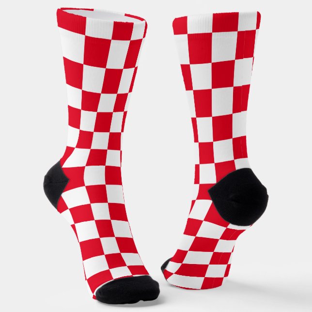 Modern Red White Croatian Checkerboard Pattern Socks (Angled)