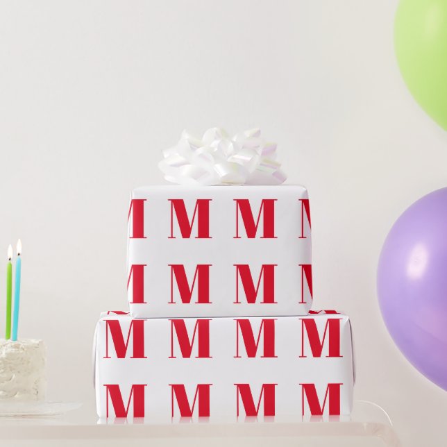 Modern red white custom initial letter monogram wrapping paper (Party Gifts)