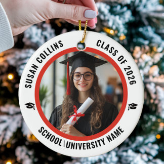 Modern Red & White Custom Photo Graduation Ceramic Ornament