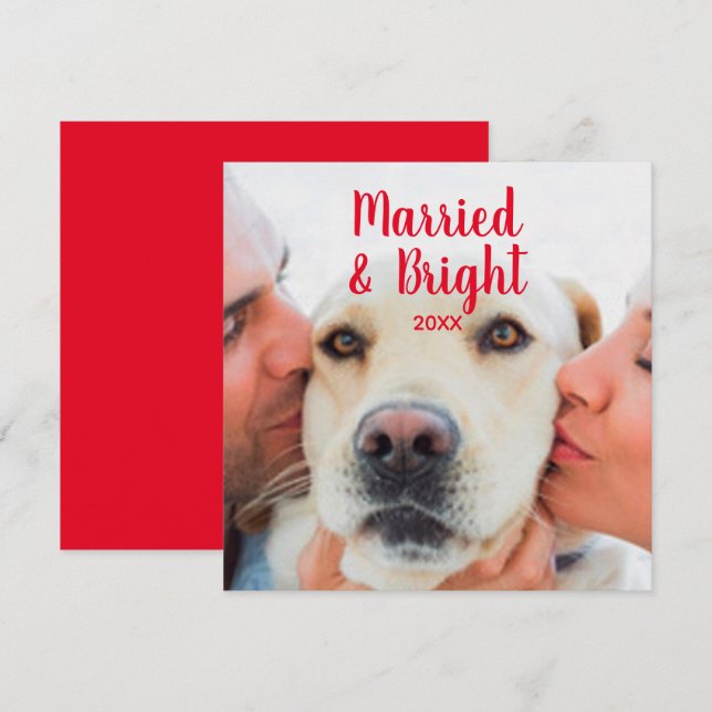 Modern red white custom photo text date Christmas Note Card (Front/Back)