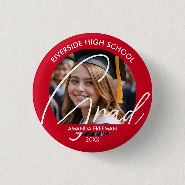 Modern Red & White Customized Graduate Photo Button (Front)