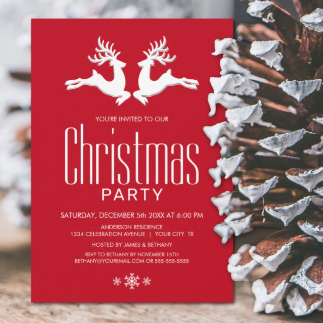 Modern Red White Deer Christmas Party Invitation (Creator Uploaded)