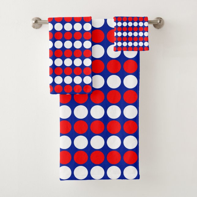 Modern Red White Dotted Stripes on Blue Bath Towel Set (Insitu)