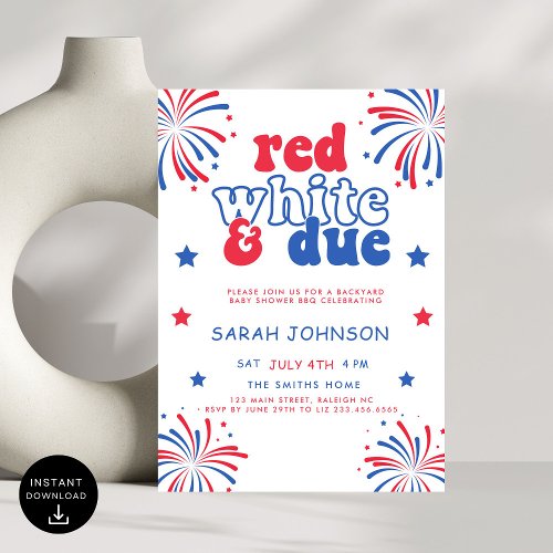 Modern Red White  Due 4th of July Baby Shower Invitation