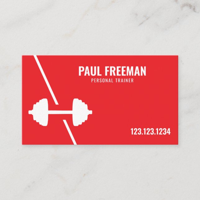 Modern Red & White Dumbbell Personal Trainer Business Card (Front)