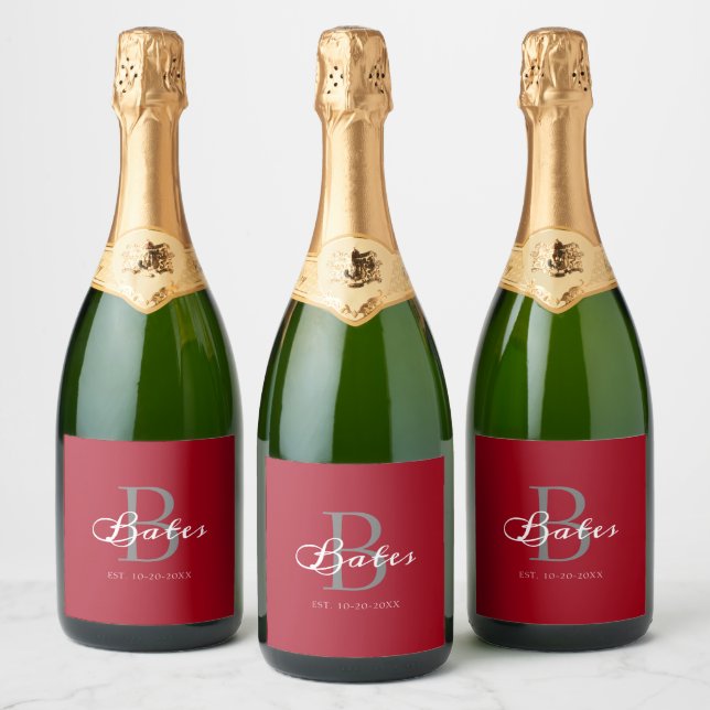 Modern Red White Established Monogram Personalized Sparkling Wine Label (Bottles)