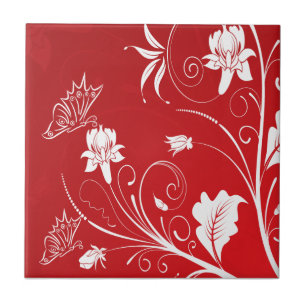 Modern Red & White Floral Ceramic Tile
