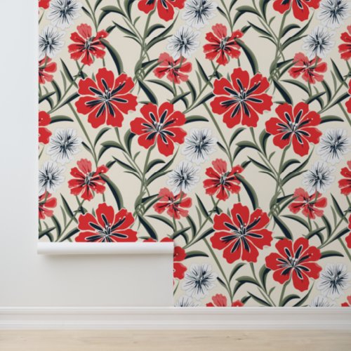 Modern Red White Floral Pattern Wallpaper