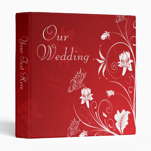 Modern Red & White Floral Wedding Photo Album 3 Ring Binder (Front/Spine)