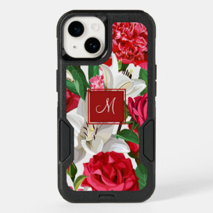 Modern Red White Flowers Monogram Personalize OtterBox iPhone 14 Case
