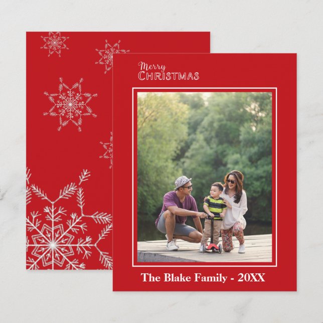 Modern Red White Frame Family Photo Christmas Note Card (Front/Back)