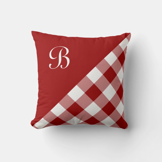 Modern Red White Gingham Plaid Pattern Monogram Throw Pillow (Front)