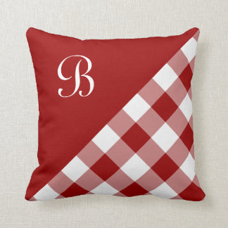 Modern Red White Gingham Plaid Pattern Monogram Throw Pillow