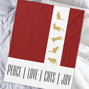 Modern Red White Gold Cat Christmas Fleece Blanket