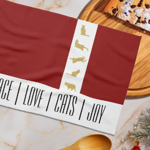 Modern Red White Gold Cat Christmas Kitchen Towel