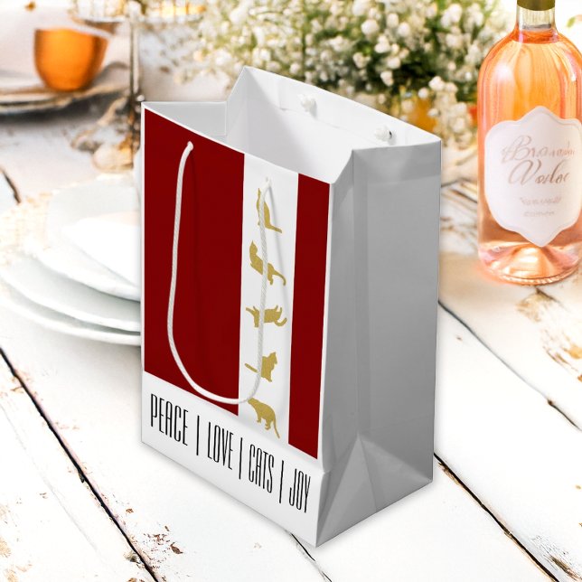 Modern Red White Gold Cat Christmas Medium Gift Bag (Creator Uploaded)