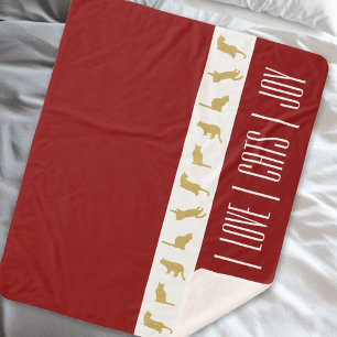 Modern Red White Gold Cat Christmas Sherpa Blanket