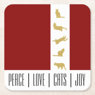 Modern Red White Gold Cat Christmas Square Paper Coaster