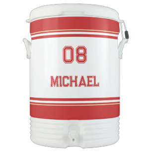 Modern Red White Gold Player Name Jersey Number Beverage Cooler