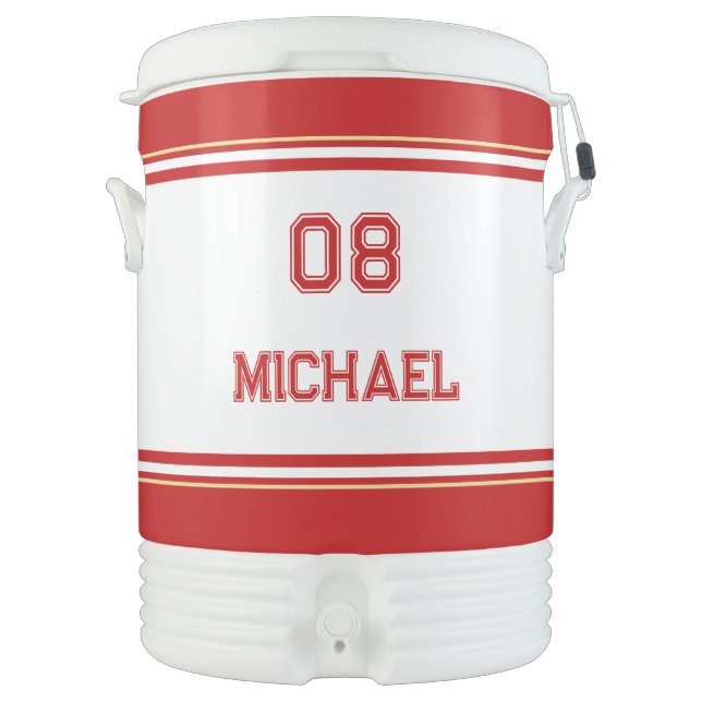 Modern Red White Gold Player Name Jersey Number Beverage Cooler (Front)