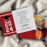 Modern Red White Grad Photo Graduation 2024 Invitation<br><div class="desc">Add your year of graduation,  name,  and details of the venue with date to this modern bold red and white background with black typography graduation party invitation by using our "Personalize" button above.

Simple graduation party invites featuring a scroll and graduation cap with modern lettering.</div>