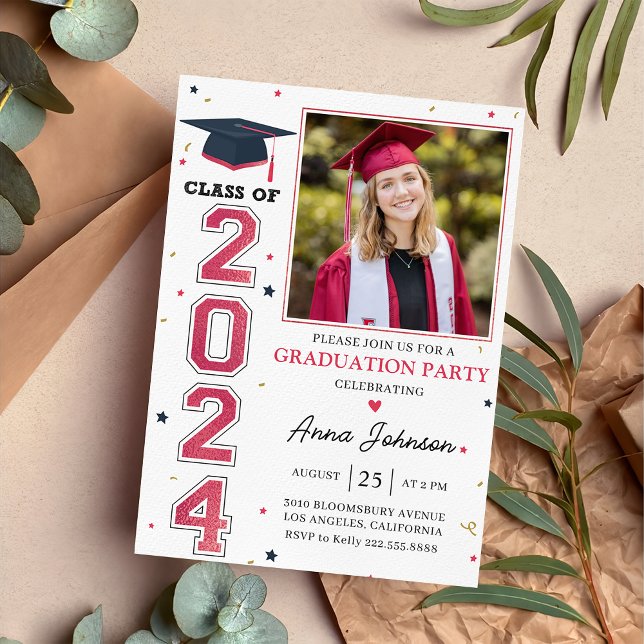 Modern Red White Grad Photo Graduation 2024 Invitation (Creator Uploaded)