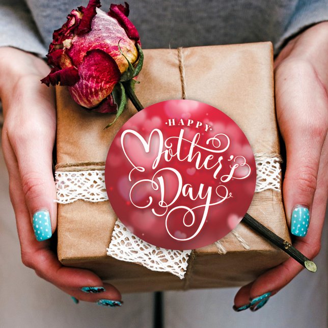 Modern Red White Hearts Happy Mother`s Day Classic Round Sticker (Creator Uploaded)