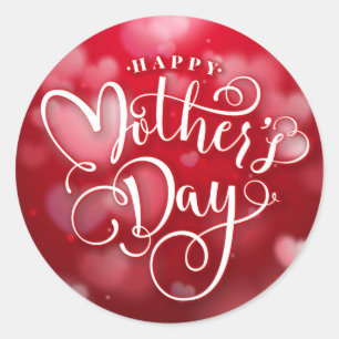 Modern Red White Hearts Happy Mother`s Day Classic Round Sticker