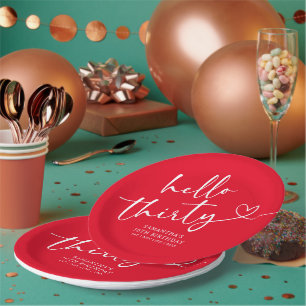 Modern Red White Hello 30th Birthday Paper Plates