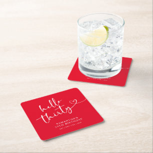 Modern Red White Hello 30th Birthday Square Paper Coaster