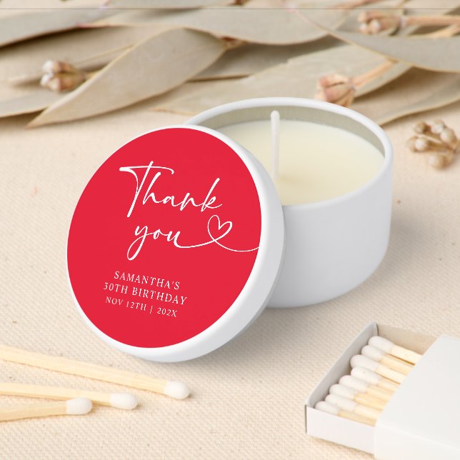 Modern Red White Hello 30th Birthday Thank You Mini Candle Favors (Insitu)