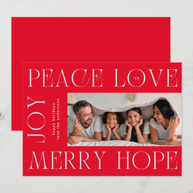 Modern Red White MERRY JOY PEACE LOVE photo Holiday Card (Front/Back)