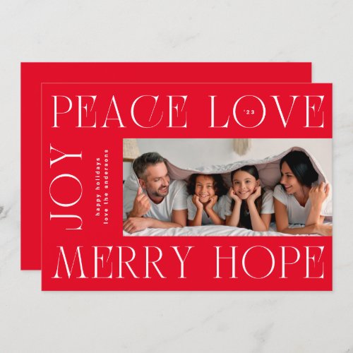 Modern Red White MERRY JOY PEACE LOVE photo Holiday Card