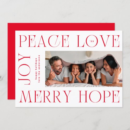 Modern Red White MERRY JOY PEACE LOVE photo Holiday Card